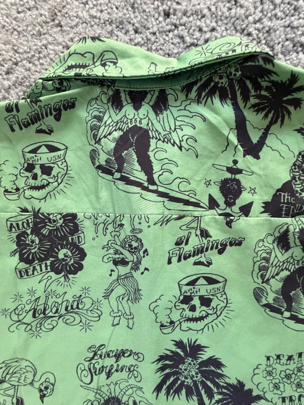RFAUSNTIY Green Tattoo Print Lucifer Surfing Hawaiian Shirt Sz M 3/4 Sleeve -EUC - Picture 9 of 11
